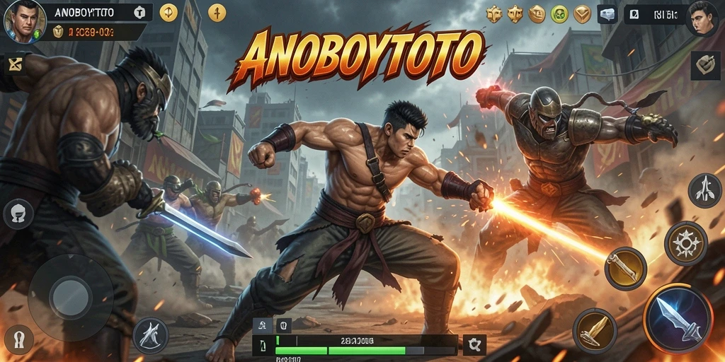 Tampilan utama gameplay ANOBOYTOTO menampilkan pertarungan yang intens.