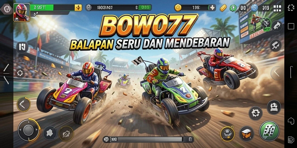 Tampilan gameplay balapan seru di BOWO77 dengan mobil berkecepatan tinggi.