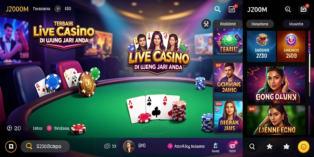 Tampilan utama J200M yang menampilkan dealer langsung dan permainan kasino.