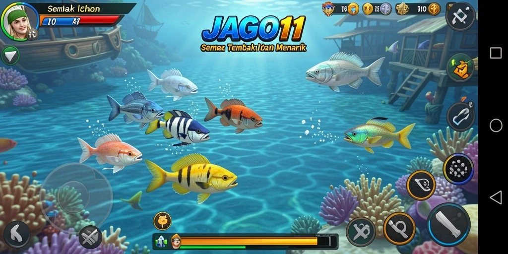 Screenshot JAGO11 menampilkan aksi menembak ikan di bawah laut.