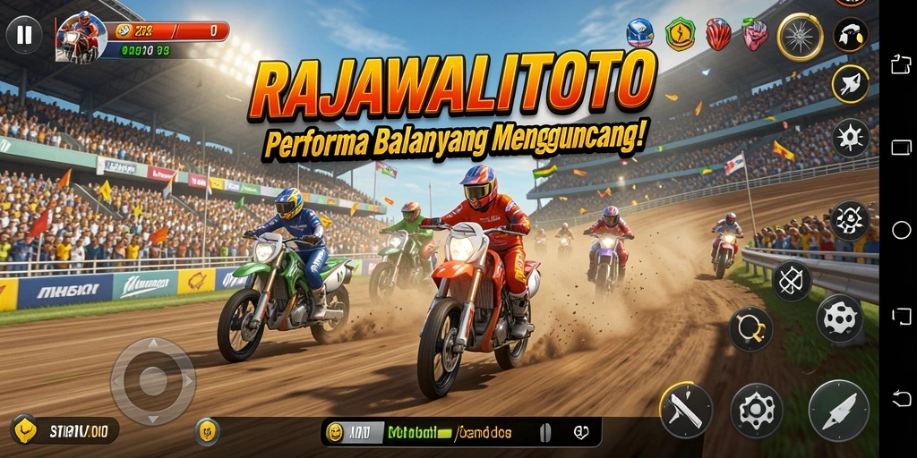 Screenshot gameplay RAJAWALITOTO dengan balapan seru di lintasan.