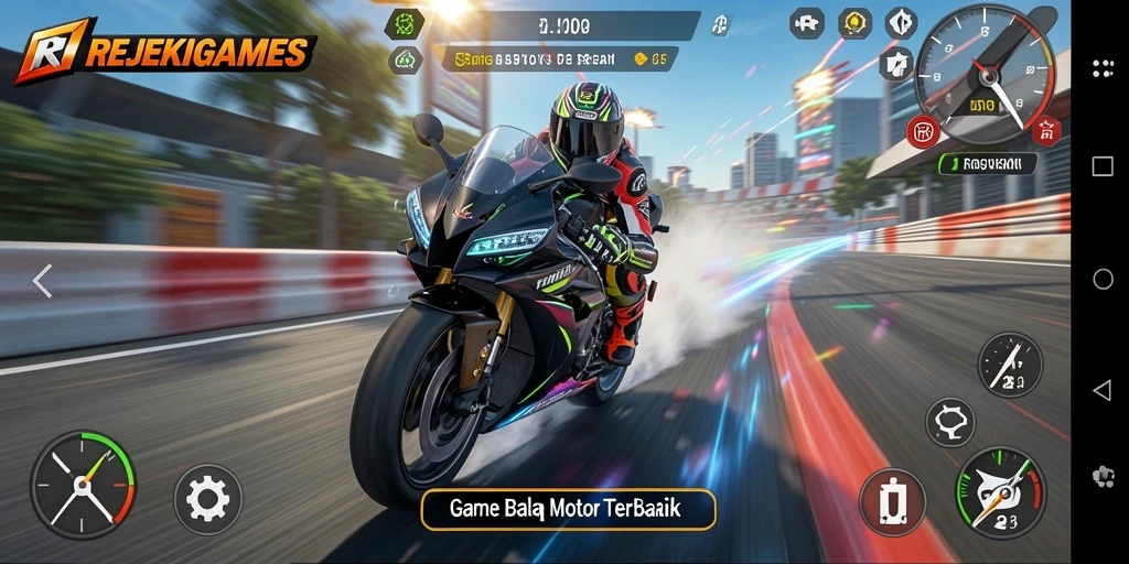 Screenshot gameplay balap motor yang intens dan mendebarkan.