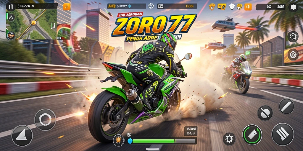 Tampilan gameplay balapan motor yang seru di ZORO77.